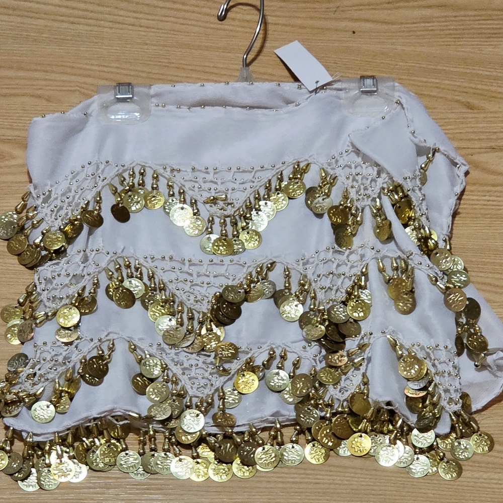 Renaissance Belly Dance Hip Scarf White With Gold Coins ~New~ Firm Price